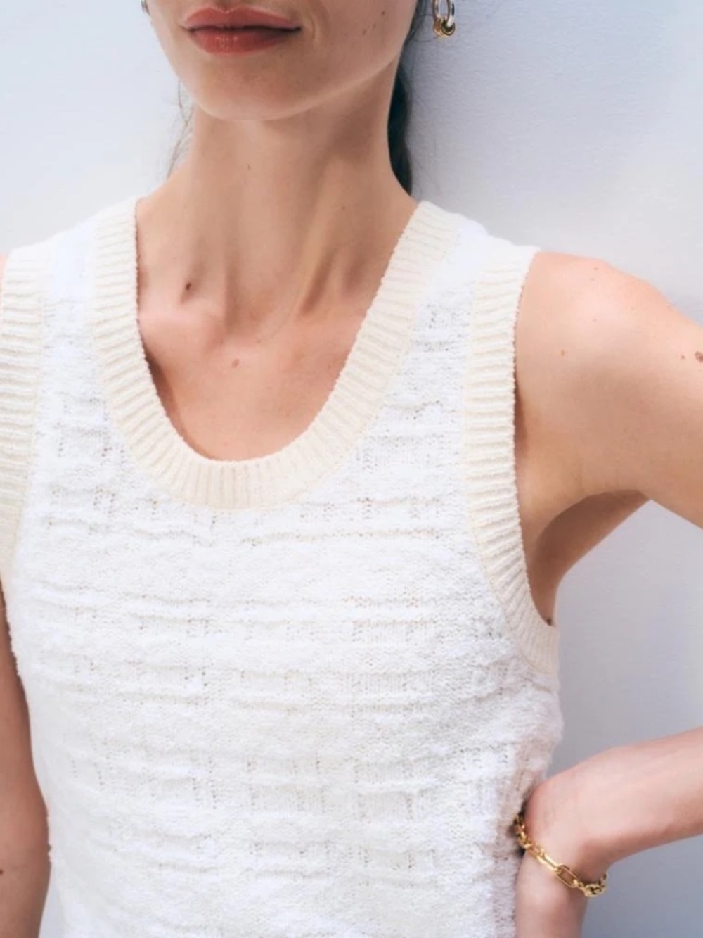 White + Warren Bouclé Tank Top Ivory Textured Knit Sleeveless Size S/XS